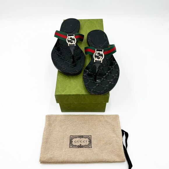 Gucci GG Web Stripe Flip Flop Sandal Black EU 37 US Women's 7 Flat Logo - Picture 1 of 14